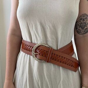 Echo Womens Brown Leather Braided Silver Buckle Bohemian Wide Dress Belt Sz M